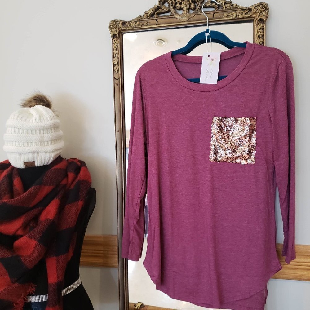 NEW Boyfriend Long Sleeve Tee with Sequin Pocket - Berry Wine Colour